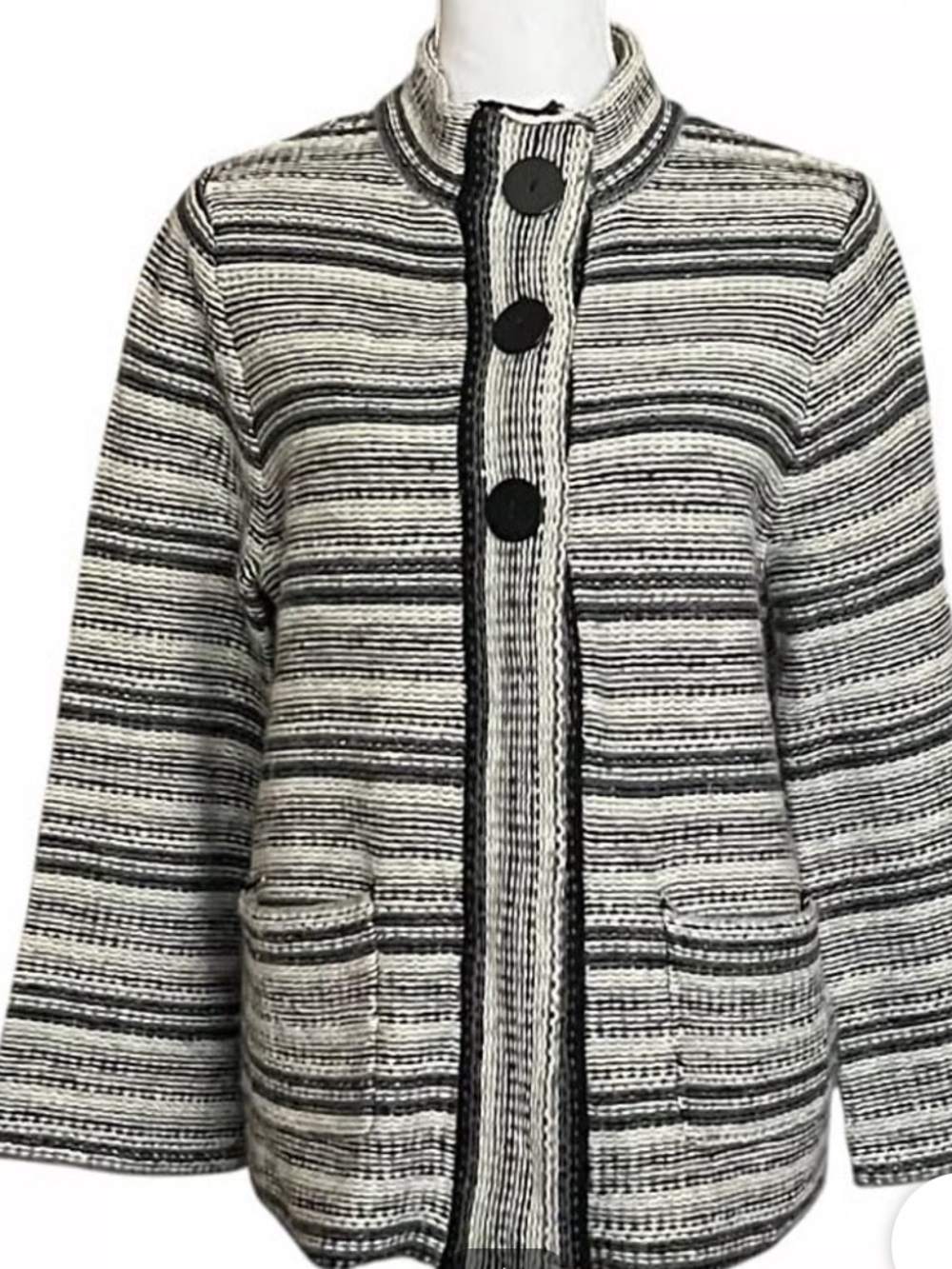 Charter Club NEW Wool Blend 3 Button Sweater Jacket Shacket Black White Womens L